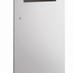 Metallic panel with rectangular opening near top, smooth surface, two screw holes for mounting.