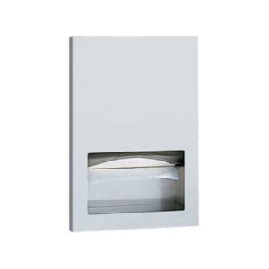 Wall-mounted metallic toilet paper holder with a rectangular cover and visible roll.