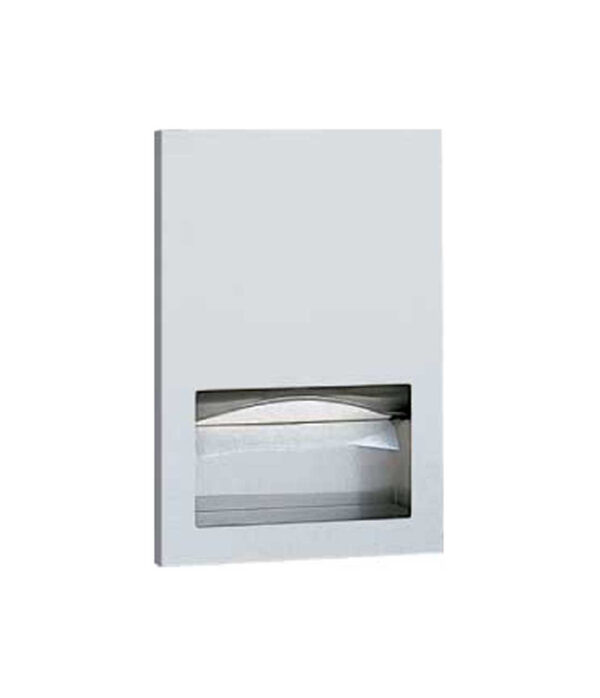 Wall-mounted metallic toilet paper holder with a rectangular cover and visible roll.