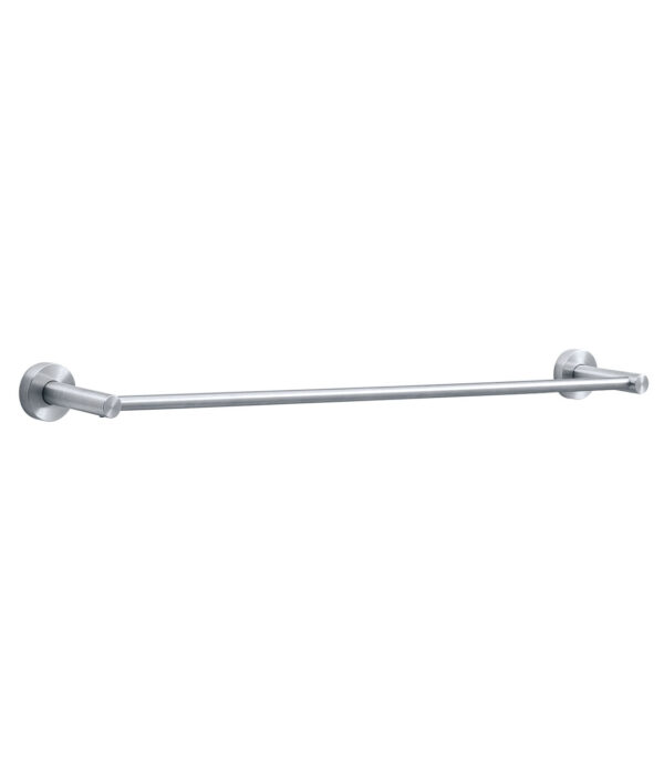 Metallic towel bar with cylindrical supports and brushed finish against a blank background.