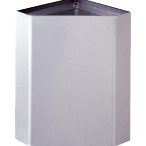 Metallic triangular waste bin with flat top for corner placement.