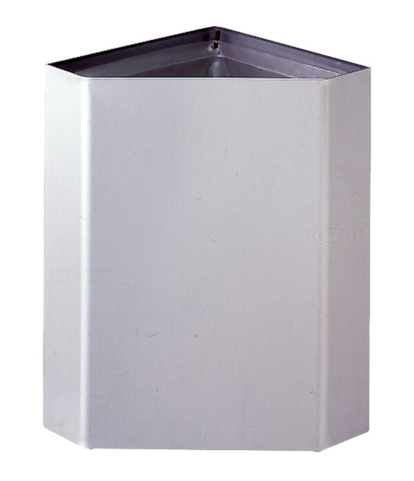 Metallic triangular waste bin with flat top for corner placement.