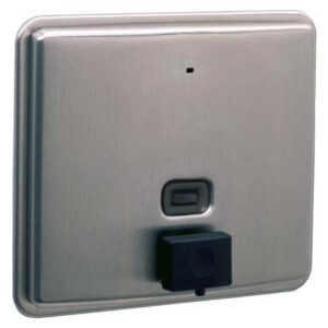 Square metallic wall-mounted button with black sensor or switch, brushed metal surface.