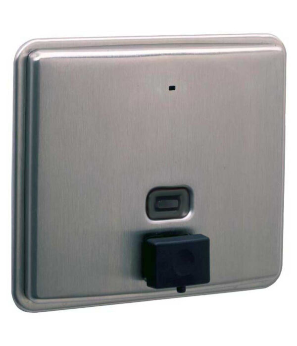 Square metallic wall-mounted button with black sensor or switch, brushed metal surface.