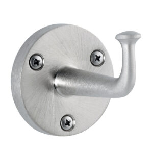 Metallic wall hook with curved design on round base, secured by three screws.