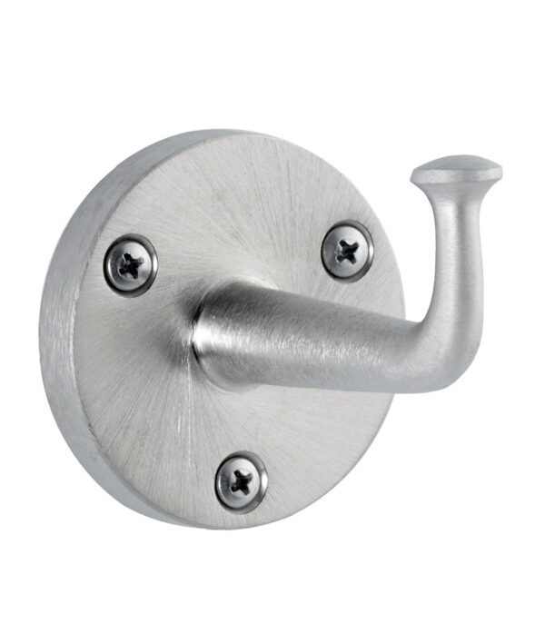 Metallic wall hook with curved design on round base, secured by three screws.