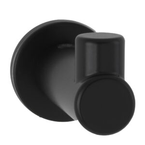 Minimalist wall-mounted black metal hook with cylindrical design.