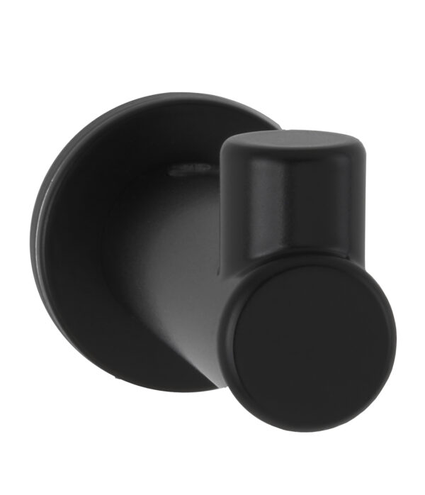 Minimalist wall-mounted black metal hook with cylindrical design.