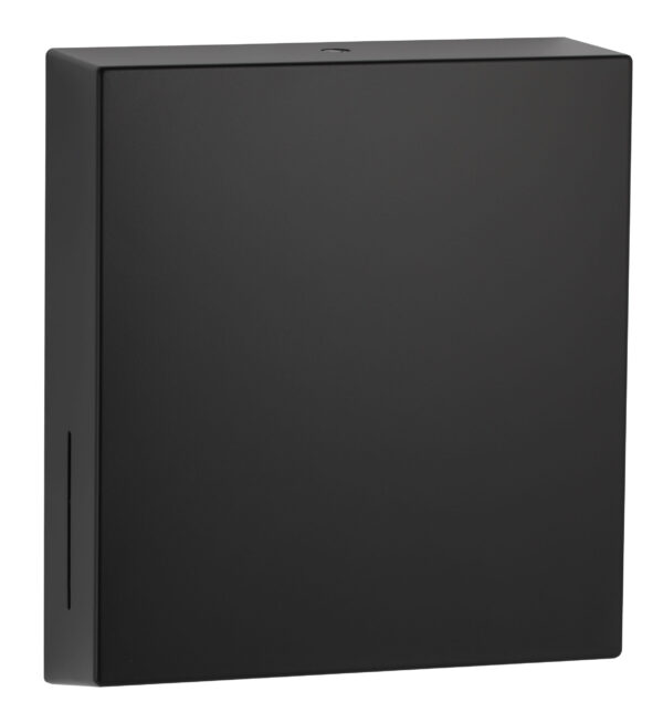 Black rectangular wall-mounted mailbox with minimalist design and side mail slot.