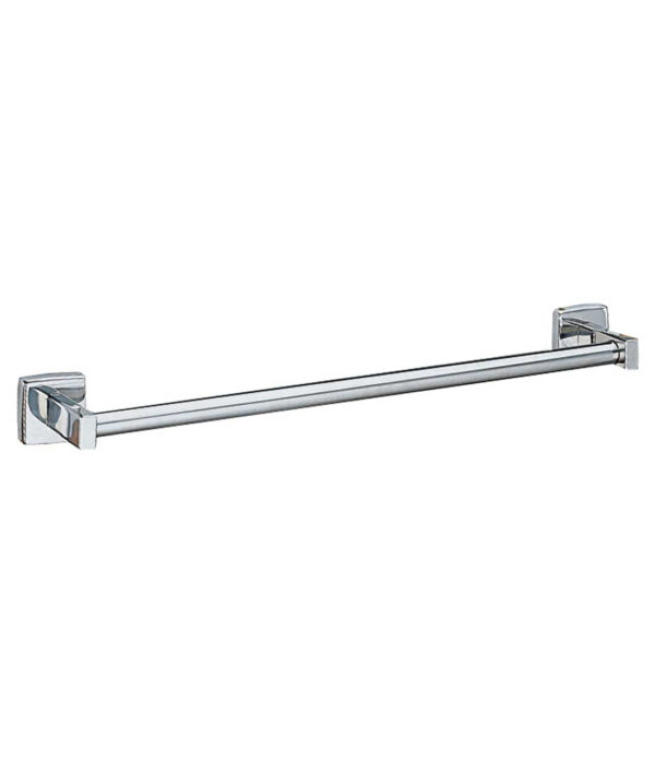 Chrome towel bar with minimalist design, mounted on wall with rectangular brackets at each end.