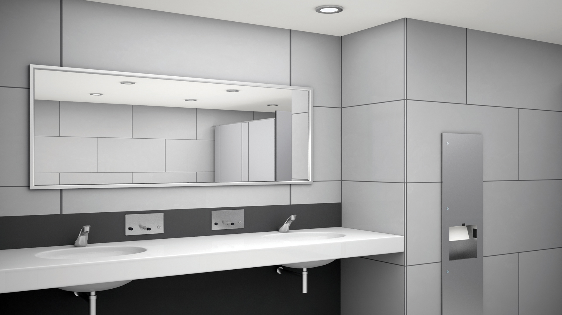 Modern bathroom with minimalist design, featuring a large mirror and double sink vanity.