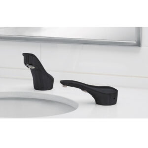 Modern black sensor faucet and soap dispenser on white countertop with rectangular mirror.