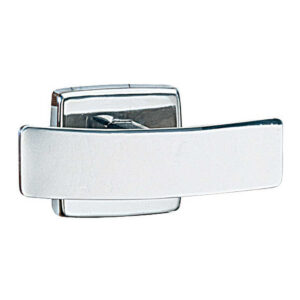 Modern metallic door lever with a rectangular base, polished chrome finish.