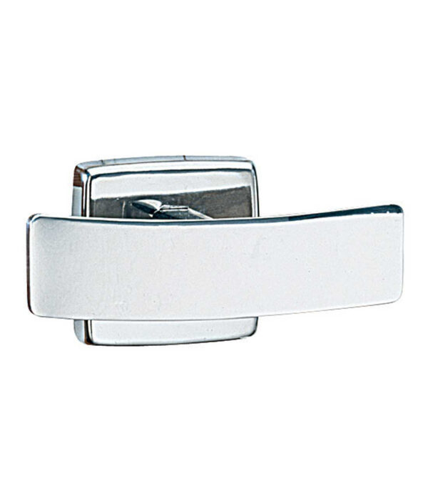 Modern metallic door lever with a rectangular base, polished chrome finish.