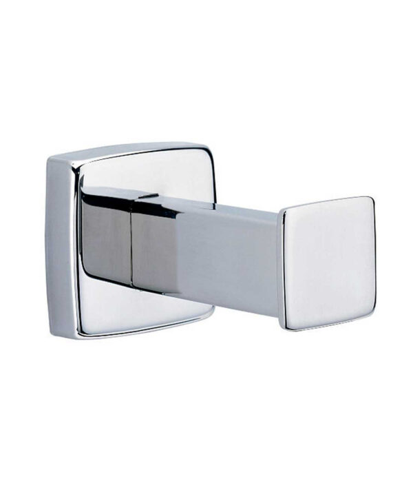 Modern square chrome wall hook with polished finish for hanging items.