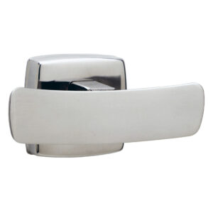 Modern rectangular silver door handle with flat lever on square base.