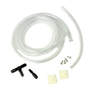 Clear plastic tubing with T and straight connectors, screws, and adhesive pads.