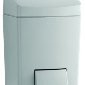 Plastic wall-mounted paper towel dispenser with curved top and front lever, brand visible.