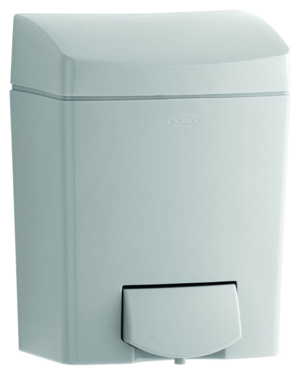 Plastic wall-mounted paper towel dispenser with curved top and front lever, brand visible.