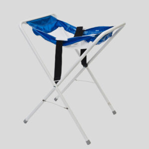 Portable laundry hamper with white metal X-frame and blue fabric bag with handles.