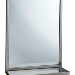 Rectangular mirror with metal frame and flat base.