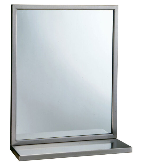 Rectangular mirror with metal frame and flat base.