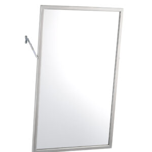 Rectangular metal-framed mirror with adjustable mounting bracket on one side.