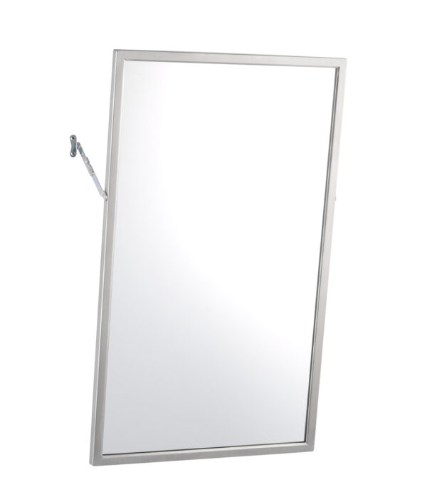 Rectangular metal-framed mirror with adjustable mounting bracket on one side.