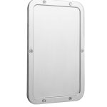 Rectangular wall mirror with a silver frame, rounded corners, and visible edge screws.