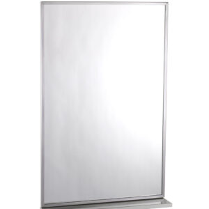 Rectangular frameless wall mirror with a metal shelf at bottom.