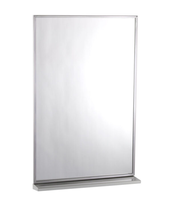 Rectangular frameless wall mirror with a metal shelf at bottom.