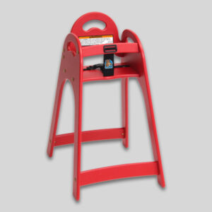 Red wooden high chair with safety strap and handle on backrest