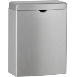 Silver metal wall-mounted sanitary disposal unit with rectangular design and waste opening.