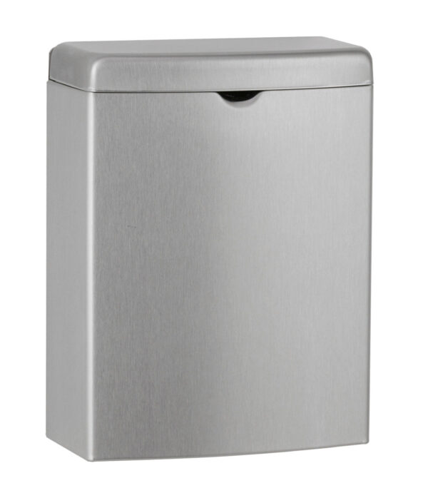 Silver metal wall-mounted sanitary disposal unit with rectangular design and waste opening.