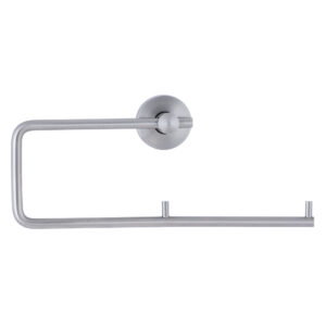 Wall-mounted silver towel holder with cylindrical mount and horizontal bar for towels.