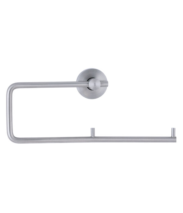 Wall-mounted silver towel holder with cylindrical mount and horizontal bar for towels.