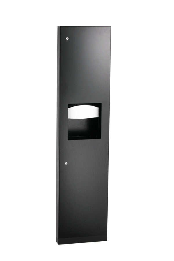 Sleek black wall-mounted paper towel dispenser with slot and key lock mechanism.