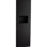 Sleek black wall panel with center compartment, two round fasteners on surface.