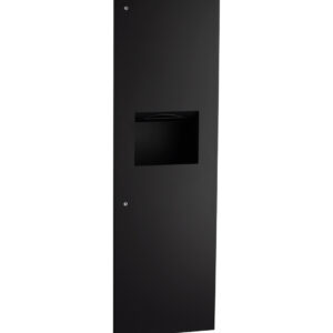 Sleek black wall panel with center compartment, two round fasteners on surface.