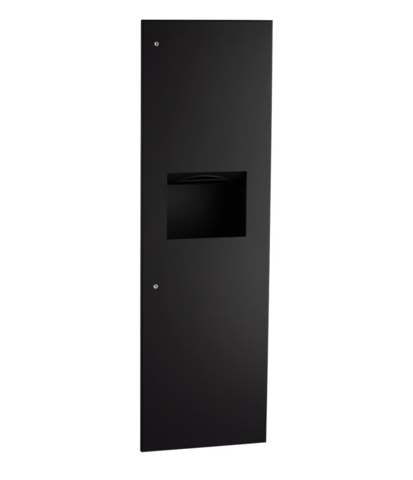 Sleek black wall panel with center compartment, two round fasteners on surface.