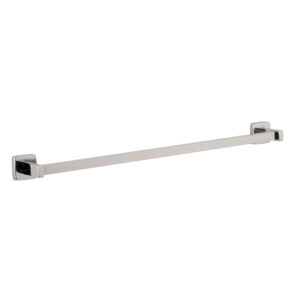 Sleek chrome towel bar with rectangular wall-mounted end brackets.