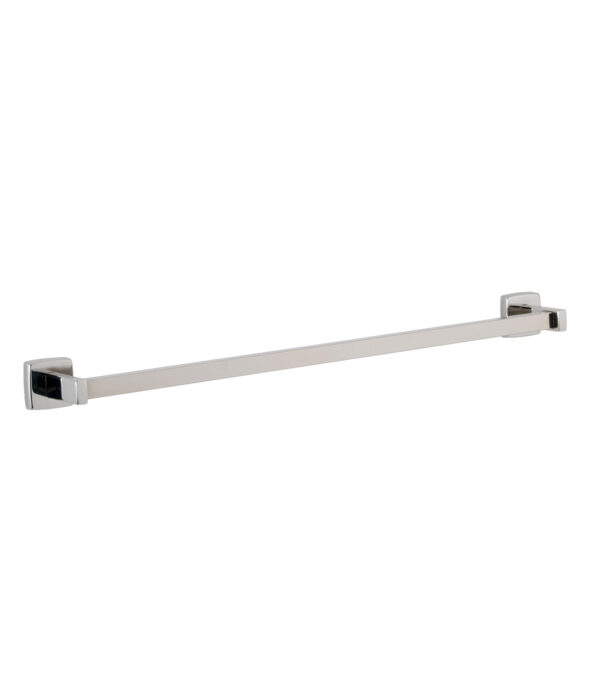 Sleek chrome towel bar with rectangular wall-mounted end brackets.