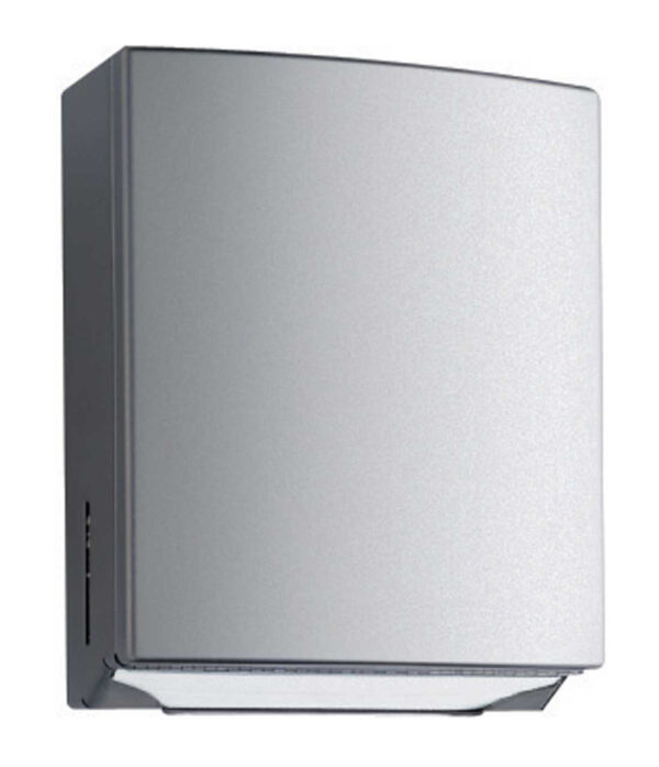 Wall-mounted metal hand dryer with sleek, curved design for public restroom use.