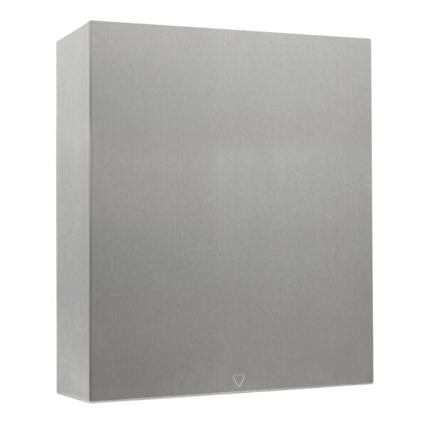 Stainless steel wall-mounted dispenser with sleek rectangular design.