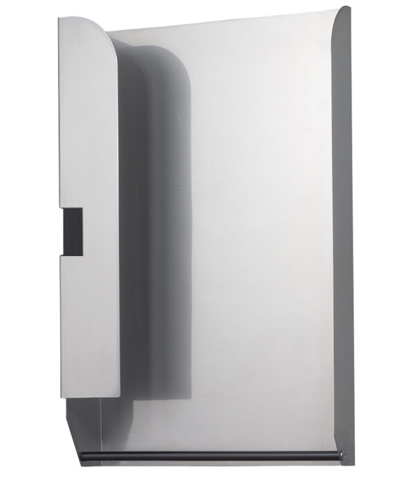 Stainless steel wall-mounted hand dryer with sleek design.