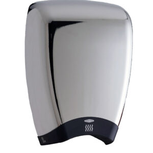 Stainless steel automatic hand dryer with rounded design and black base displaying air symbol.