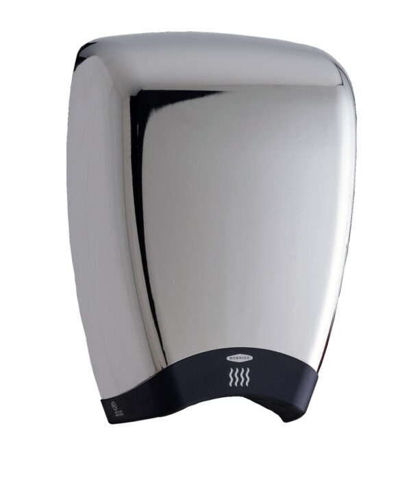 Stainless steel automatic hand dryer with rounded design and black base displaying air symbol.