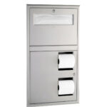 Wall-mounted stainless steel bathroom dispenser with paper towel and dual toilet paper holders.