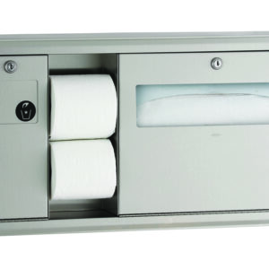 Stainless steel bathroom dispenser with toilet paper and paper towel compartments.