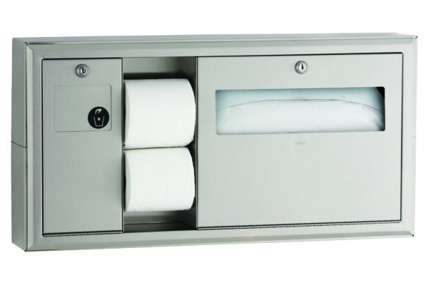 Stainless steel bathroom dispenser with toilet paper and paper towel compartments.